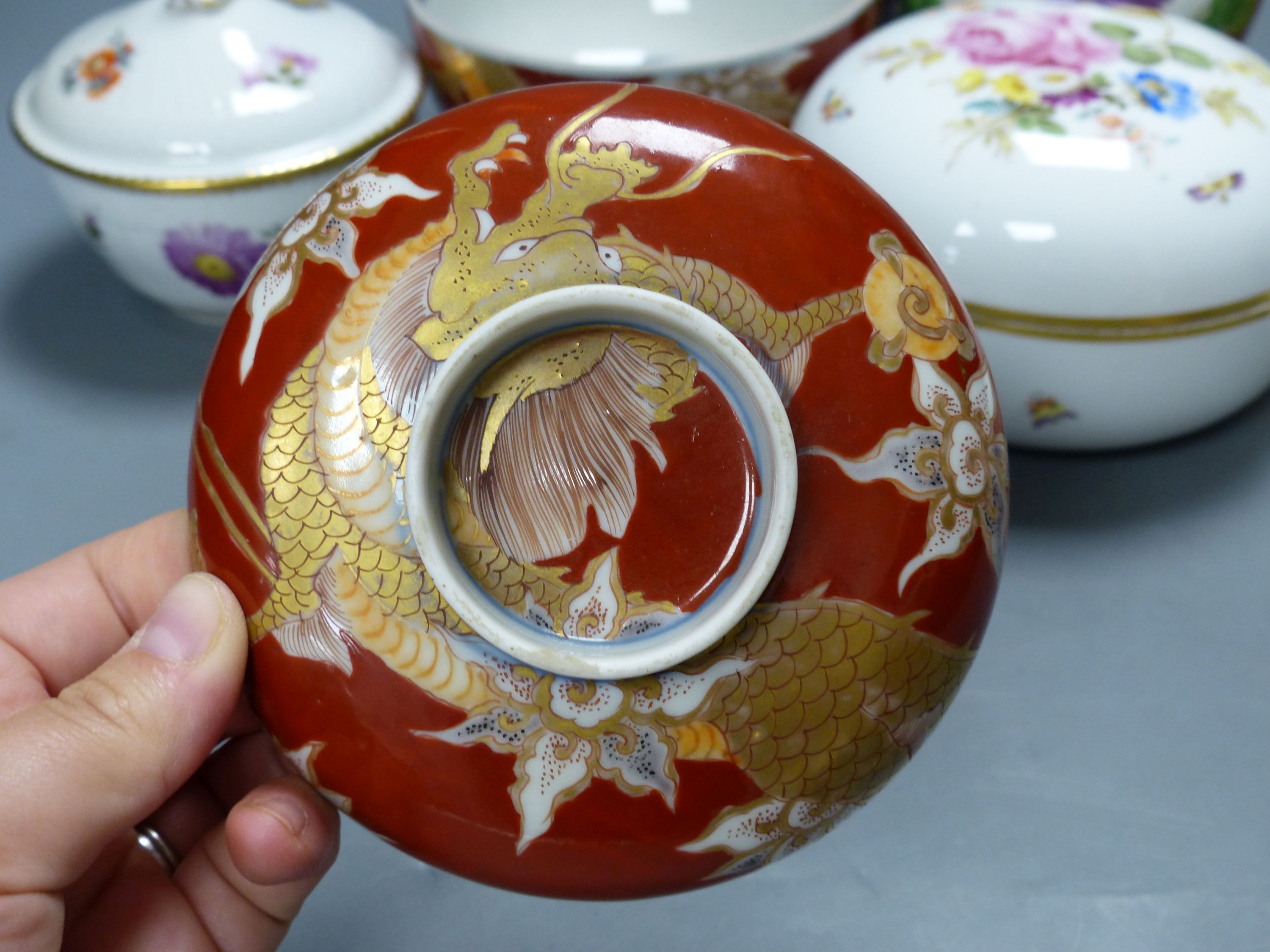 Two Wedgwood jugs, a Meissen box and cover, Royal Copenhagen sucrier, an Imari bowl and Cover etc.